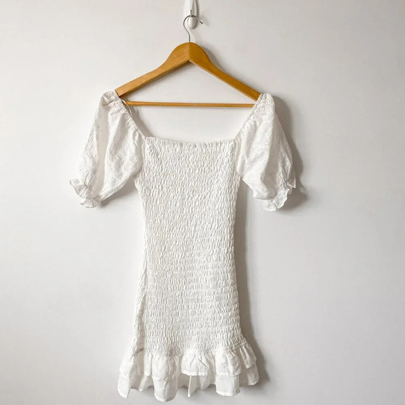 Idem Ditto Smocked Ruffle Eyelet Mini Dress White Size Small - Picture 3 of 5